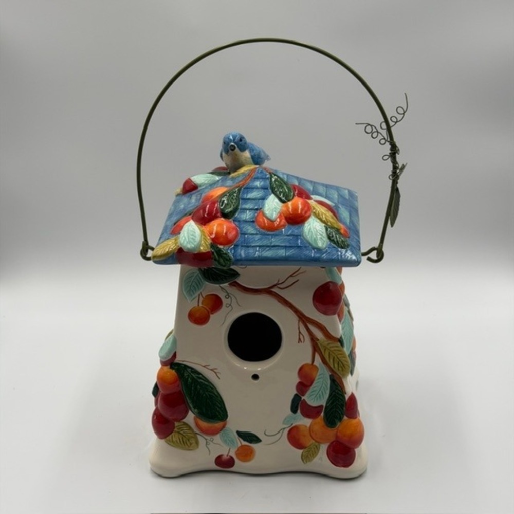 Blue Sky Stone Garden Ceramic Cherry Birdhouse with Bluebird 2002
